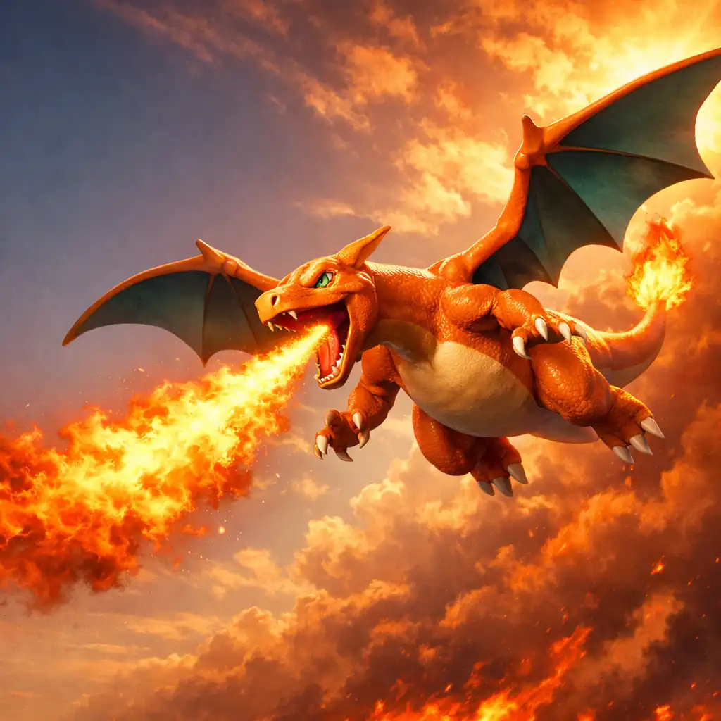 Charizard w locie, ziejący ogniem