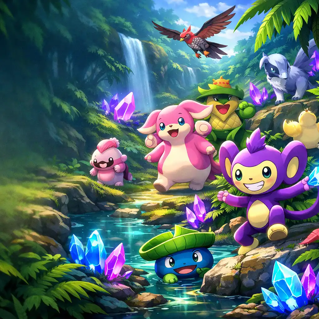 Dzikie Pokémony w dżungli Aeos Island, otoczone roślinnością i kryształami energii
