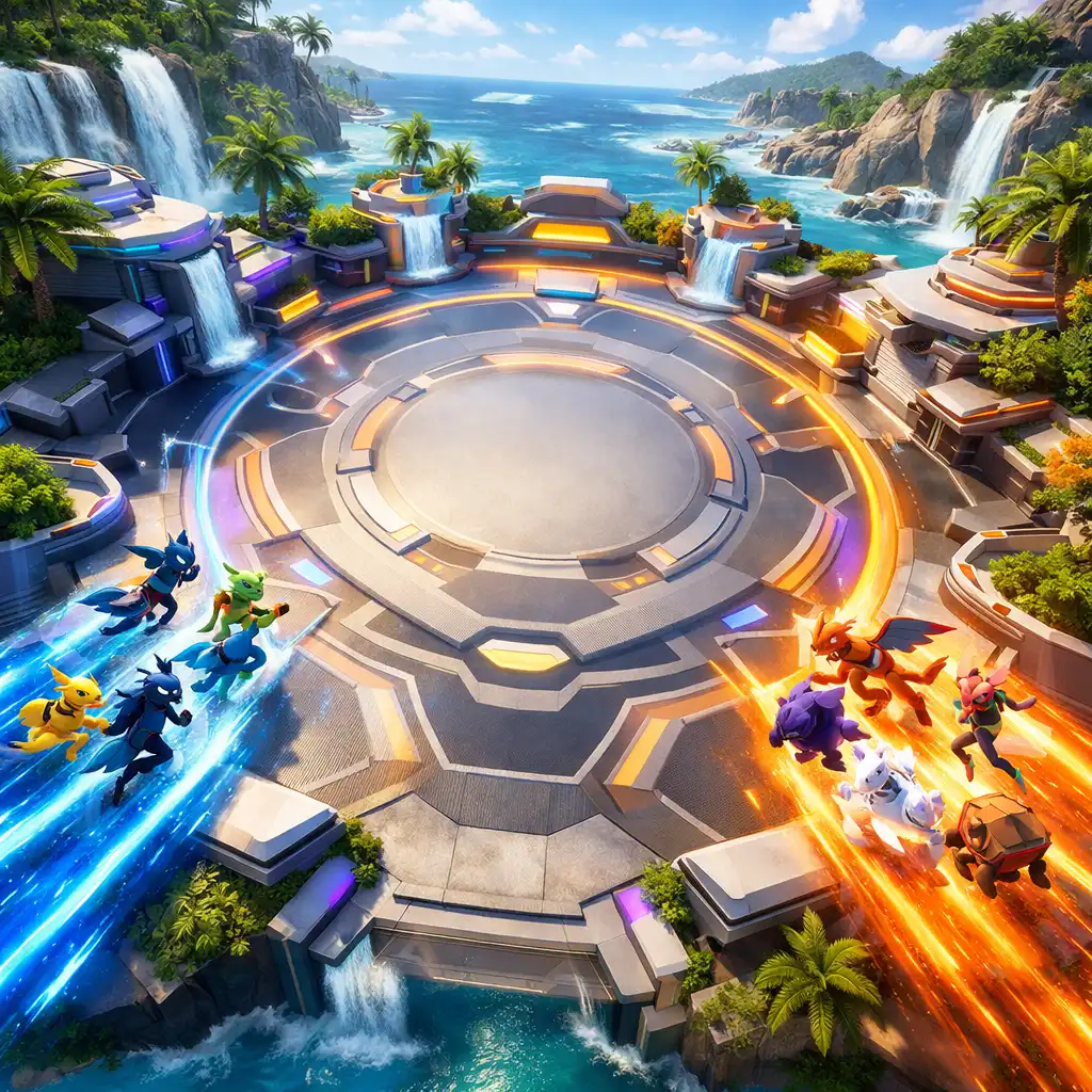 Arena 5v5 na Aeos Island z dwiema drużynami Pokémonów zbliżającymi się do centrum