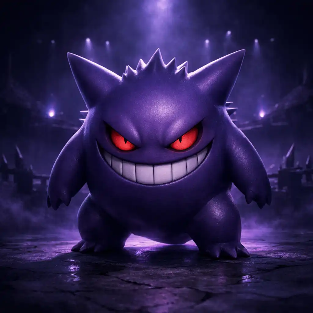 Gengar w mrocznej pozie z uśmiechem
