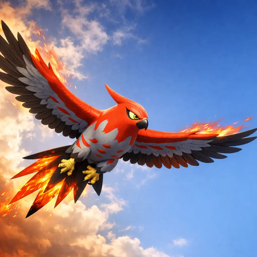 Talonflame w locie z rozpostartymi skrzydłami