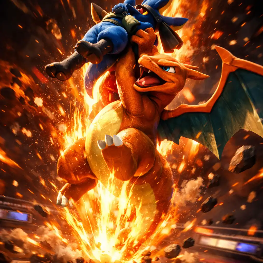 Charizard wykonuje Seismic Slam na arenie Pokémon UNITE